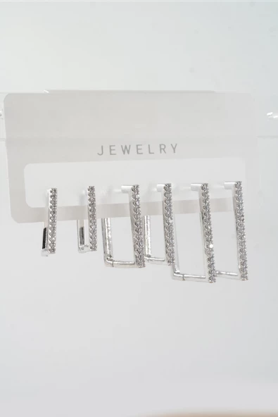 Kadın Vip Seri Zirkon Taşlı 3 Boy Dikdörtgen Model 6'lı Küpe Seti ürün görseli