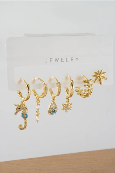 Kadın Vip Seri Zirkon Taşlı Karışık Figürlü 6'lı Küpe Seti ZRK0016 - Resim 2