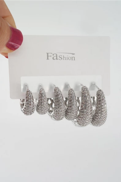 Kadın Vip Seri Zirkon Taşlı 3 Boy 6'lı Küpe Seti ZRK0013 ürün görseli