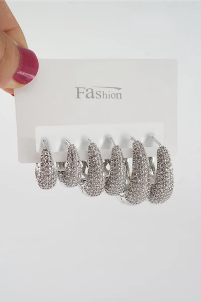 Kadın Vip Seri Zirkon Taşlı 3 Boy 6'lı Küpe Seti ZRK0013 - Resim 2