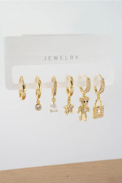 Kadın Vip Seri Zirkon Taşlı Karışık Figürlü 6'lı Küpe Seti ZRK0020 ürün görseli