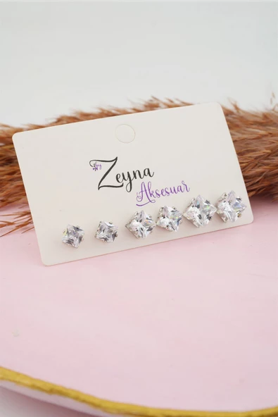Kadın 3 Boy 6'lı Kare Zirkon Taşlı Küpe Set