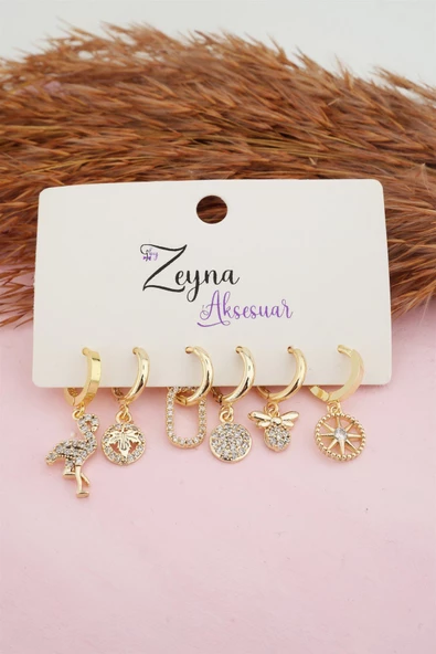Kadın Karışık Figürlü Zirkon  6'lı Set Küpe ürün görseli