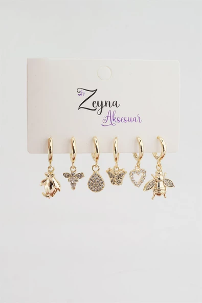 Kadın Karışık Figürlü Zirkon  6'lı Set Küpe - Resim 2