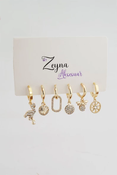 Kadın Karışık Figürlü Zirkon  6'lı Set Küpe - Resim 2