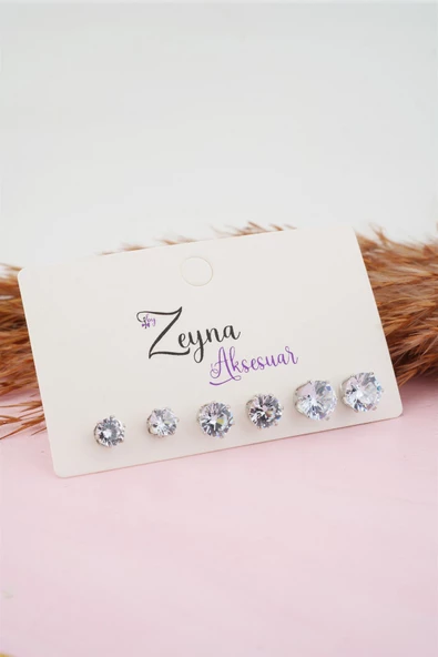 Kadın 3 Boy 6'lı Oval Zirkon Taşlı Küpe Set ürün görseli