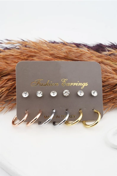 Kadın 3 Renk Halka ve Taşlı 12'li Set Küpe - Resim 2