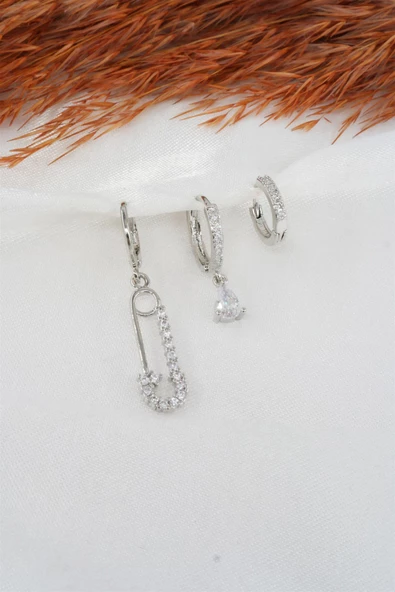 Kadın Zirkon Taşlı Çengel İğne Figürlü 3'lü Set Küpe - Resim 2