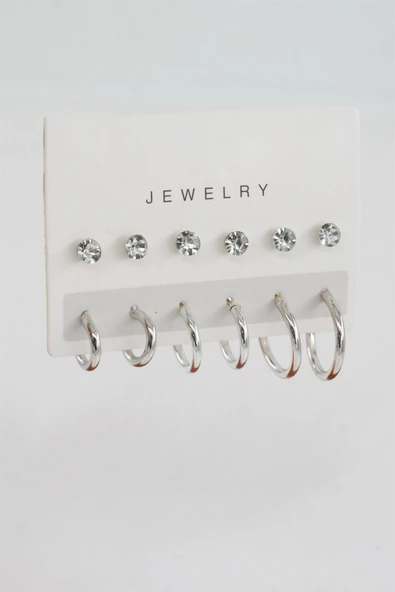 Kadın Geometrik 3 Boy Zirkon Taşlı Halka Küpe Seti - Resim 2