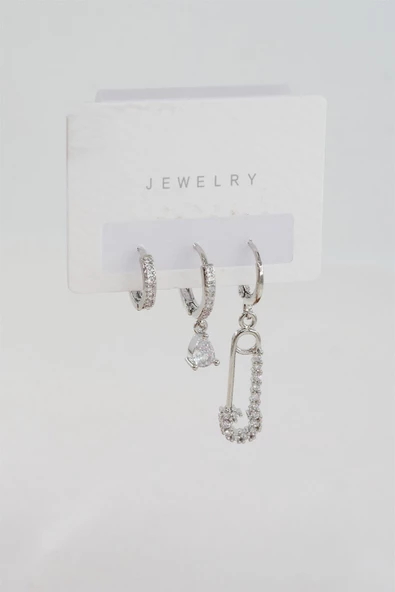 Kadın Zirkon Taşlı Çengel İğne Figürlü 3'lü Set Küpe ürün görseli