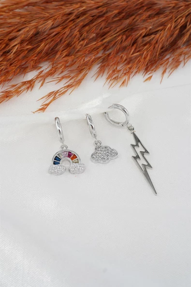 Kadın Baget Zirkon Taşlı Bulut ve Şimşek Figürlü 3'lü Set Küpe - Resim 2