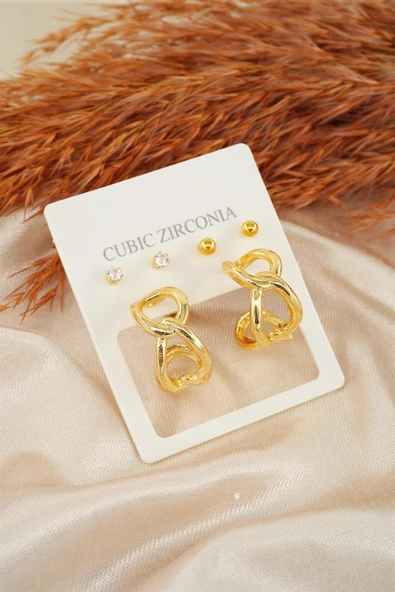 Kadın Özel Tasarım Zirkon Taşlı Oval 6'lı Küpe Seti ürün görseli