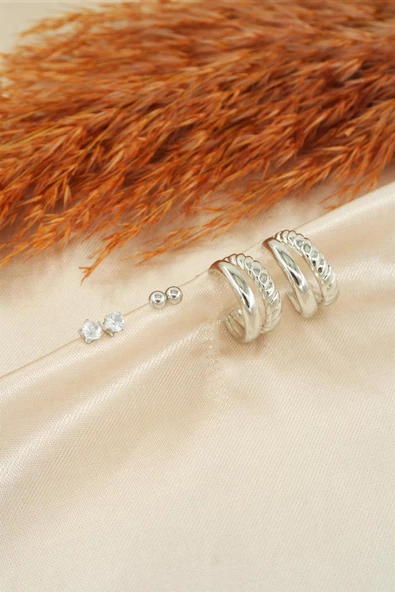 Kadın Özel Tasarım Zirkon Taşlı Oval 6'lı Küpe Seti - Resim 2