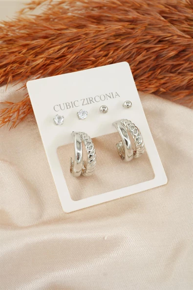 Kadın Özel Tasarım Zirkon Taşlı Oval 6'lı Küpe Seti ürün görseli