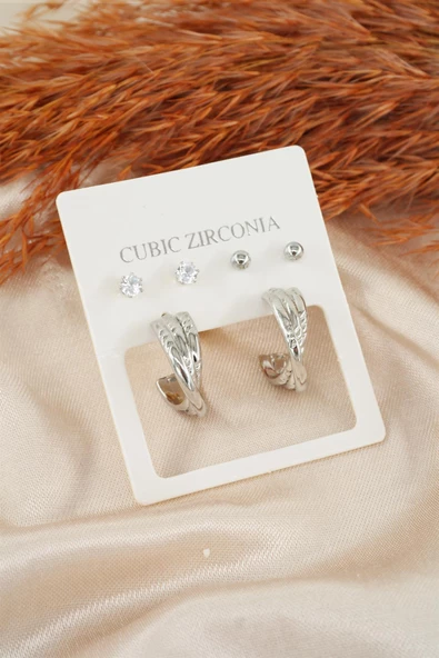 Kadın Özel Tasarım Zirkon Taşlı Oval 6'lı Küpe Seti ürün görseli