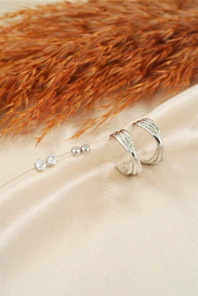 Kadın Özel Tasarım Zirkon Taşlı Oval 6'lı Küpe Seti - Resim 2