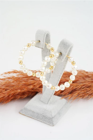 Kadın Özel Tasarım 4 cm Suni İncili Halka Küpe ürün görseli