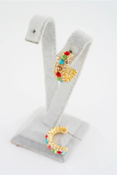 Kadın Zirkon Taşlı 2cm Yarım Oval Küpe - Resim 2