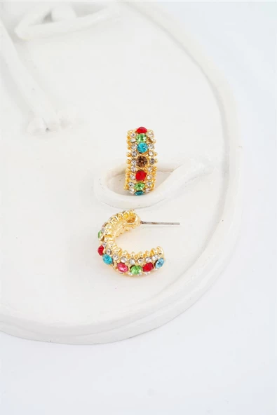 Kadın Zirkon Taşlı 2cm Yarım Oval Küpe ürün görseli