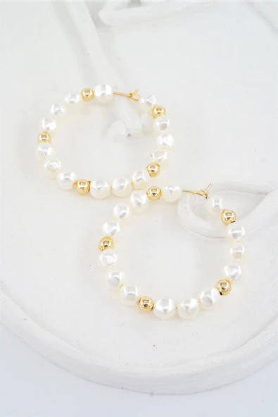 Kadın Özel Tasarım 4 cm Suni İncili Halka Küpe - Resim 2