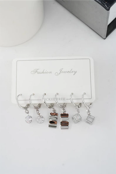 Kadın Zirkon Taşlı Sallantılı Kare Figürlü Klipsli 6'lı Küpe Seti - Resim 3