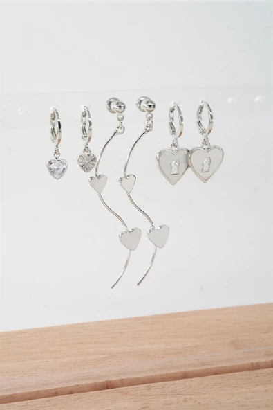 Kadın 6.5 cm Zigzag Sallantılı ve  Sedefli Kalp Model 6'lı Küpe Seti - Resim 2