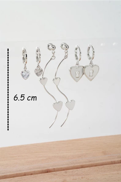 Kadın 6.5 cm Zigzag Sallantılı ve  Sedefli Kalp Model 6'lı Küpe Seti - Resim 4