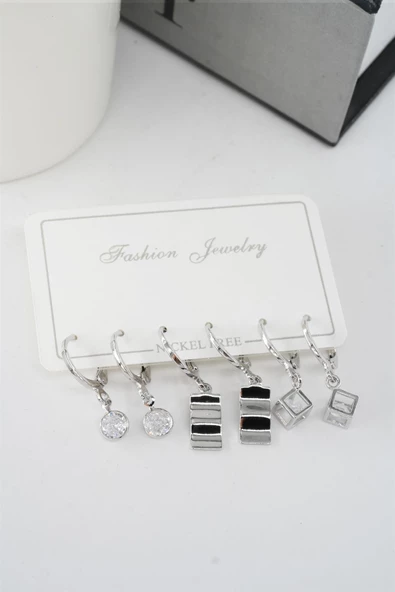 Kadın Zirkon Taşlı Sallantılı Kare Figürlü Klipsli 6'lı Küpe Seti ürün görseli