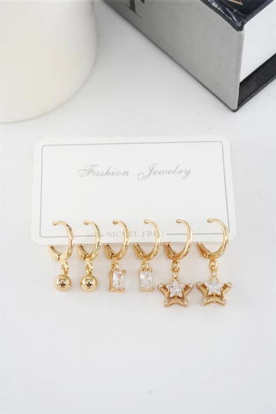 Kadın Zirkon Taşlı Sallantılı Yıldız Figürlü Klipsli 6'lı Küpe Seti - Resim 3