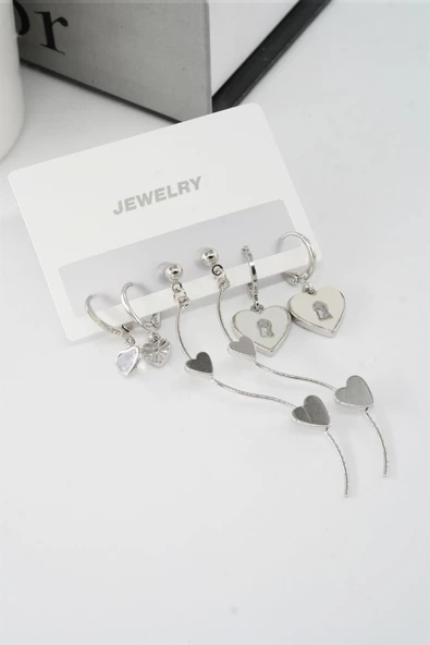 Kadın 6.5 cm Zigzag Sallantılı ve  Sedefli Kalp Model 6'lı Küpe Seti - Resim 3