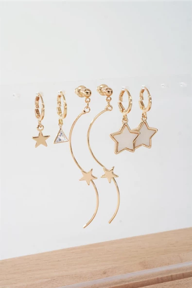 Kadın 6.5 cm Zigzag Sallantılı ve  Sedefli Yıldız Model 6'lı Küpe Seti - 2