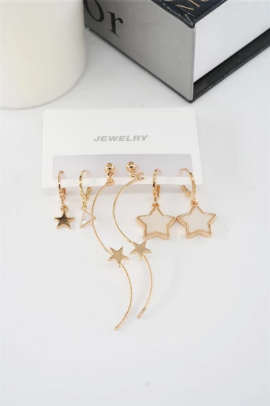 Kadın 6.5 cm Zigzag Sallantılı ve  Sedefli Yıldız Model 6'lı Küpe Seti - 3