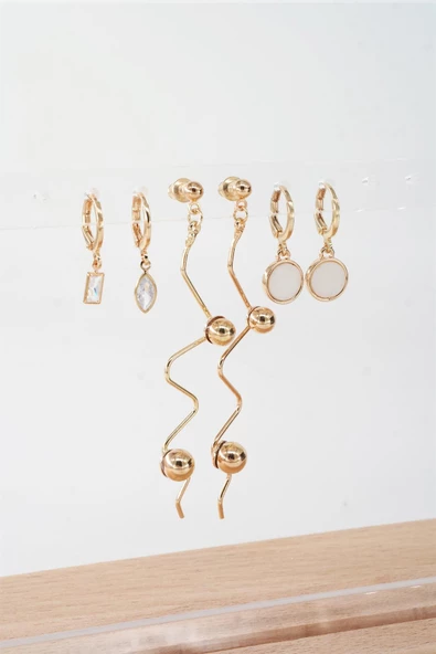 Kadın 6.5 cm Zigzag Sallantılı ve Oval Sedefli 6'lı Küpe Seti - Resim 2