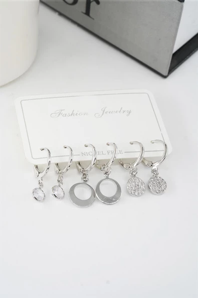 Kadın Zirkon Taşlı Sallantılı Oval Figürlü Klipsli 6'lı Küpe Seti ürün görseli