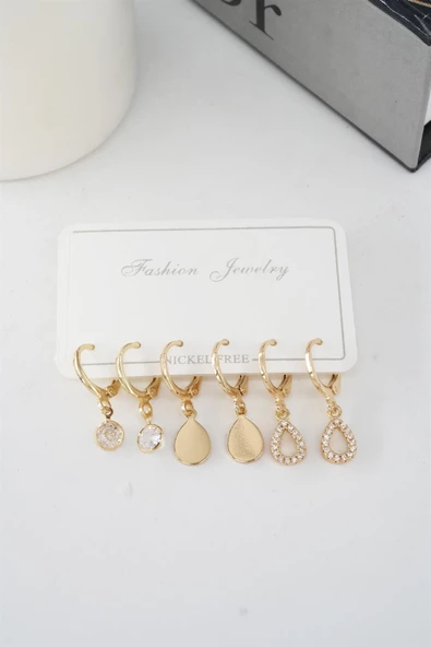 Kadın Zirkon Taşlı Sallantılı Damla Figürlü Klipsli 6'lı Küpe Seti - Resim 3