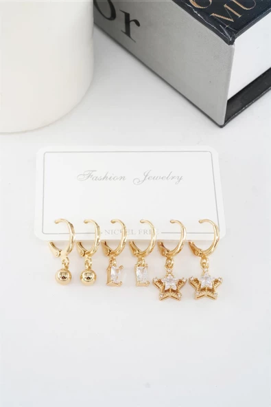 Kadın Zirkon Taşlı Sallantılı Yıldız Figürlü Klipsli 6'lı Küpe Seti - Resim 2