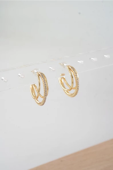 Kadın Özel Tasarım Zirkon Taşlı 2'li Minimal Küpe - Resim 3