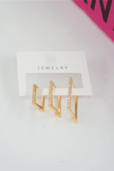 Kadın Özel Tasarım Zirkon Taşlı 3'lü Minimal Küpe ürün görseli