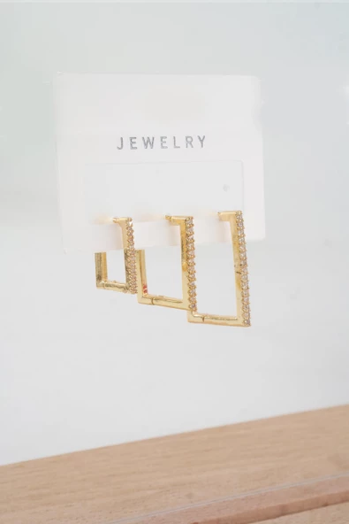 Kadın Özel Tasarım Zirkon Taşlı 3'lü Minimal Küpe - Resim 2