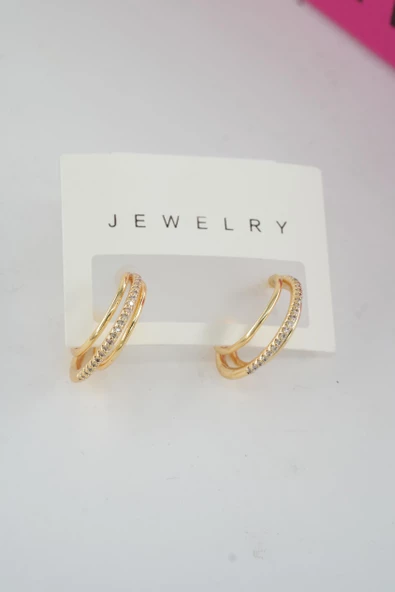 Kadın Özel Tasarım Zirkon Taşlı 2'li Minimal Küpe - Resim 2