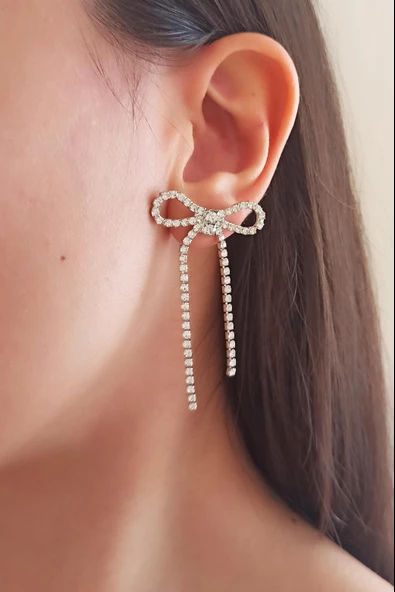 Kadın Özel Tasarım Zirkon Taşlı Kurdele Model Küpe - Resim 2