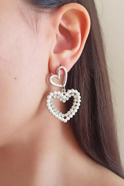 Kadın Özel Tasarım Suni İncili Kalp Model Küpe - Resim 2