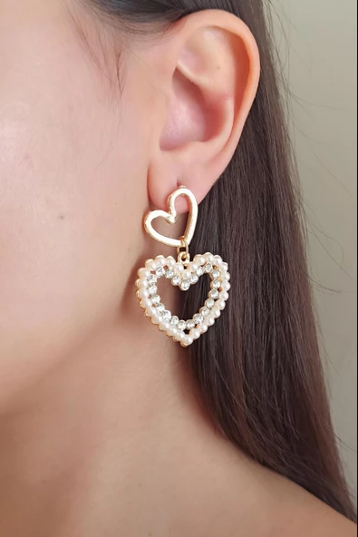 Kadın Özel Tasarım Suni İncili Kalp Model Küpe 002 - Resim 2