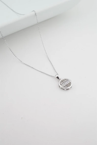 Kadın Yuvarlak Baget Taşlı Zirkon Kolye - Resim 3