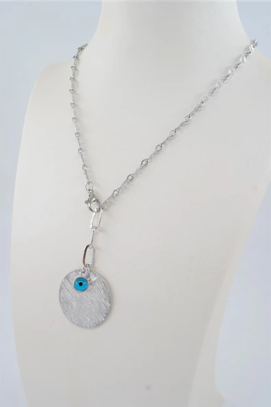 Kadın Özel Tasarım Nazar Boncuklu ve Yuvarlak Plakalı Kolye - Resim 3