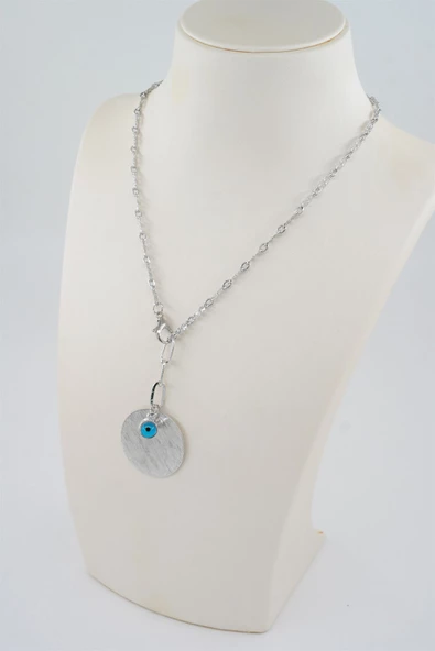 Kadın Özel Tasarım Nazar Boncuklu ve Yuvarlak Plakalı Kolye ürün görseli