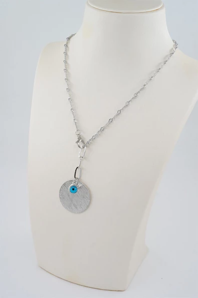 Kadın Özel Tasarım Nazar Boncuklu ve Yuvarlak Plakalı Kolye - Resim 2