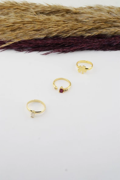 Kadın Özel Tasarım Ayarlanabilir Numarasız Zirkon Taşlı Yonca Figürlü 3'lü Kombin Yüzük Seti - Resim 2