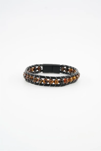 Erkek Hakiki Deri Bileklik Doğal Taşlı Manyetik Klipsli - 2