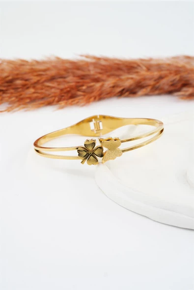 Kadın 316 L Paslanmaz Çelik Anti Alerjenik Yonca ve Kelebek Model Çelik Bileklik - Resim 2